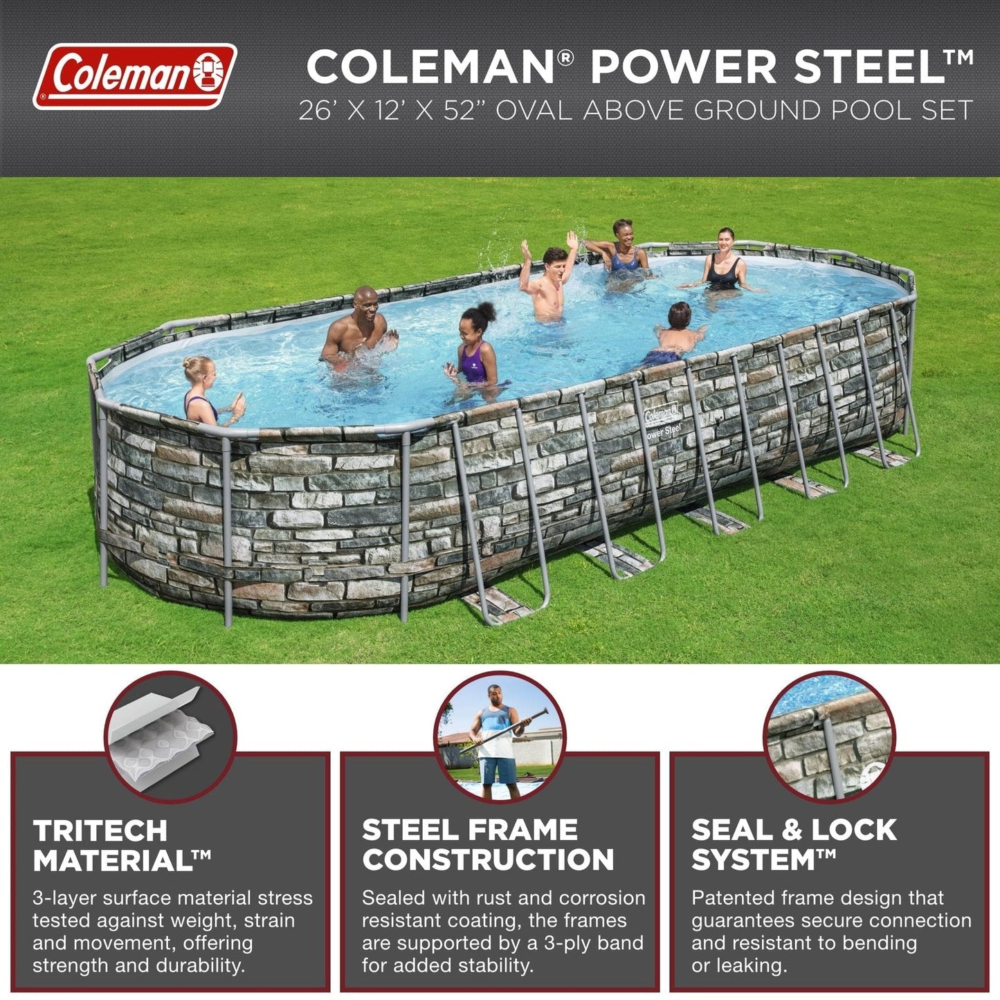 Coleman Power Steel 26’ x 12’ x 52” Oval Above Ground Pool Set